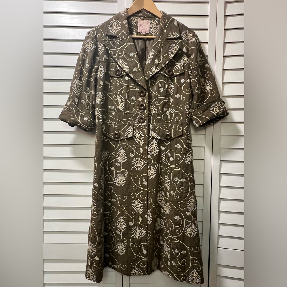 Young Essence Ladies Olive Lined Coat Yellow Blue Grey Floral Embroidery Size L
